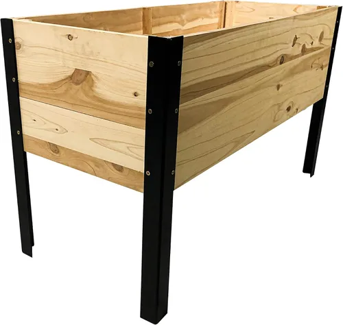 Vista 7 de Maceta elevada de madera con patas de acero, kit de cama de jardín para patio al aire libre para cultivar verduras, madera natural resistente a