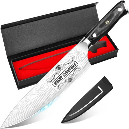 Vista 14 de MOSFiATA - Cuchillo de chef de 10 pulgadas súper afilado, cuchillo de cocina profesional con protector de dedos en caja de regalo, cuchillo