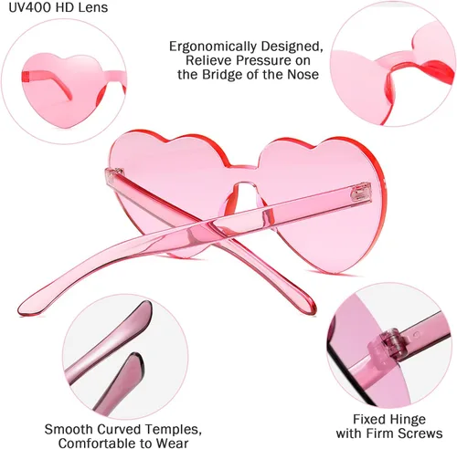 Vista 3 de 12 lentes de sol con forma de corazón, sin marco, lentes de sol transparentes con forma de corazón para mujer, paquete de lentes de sol divertidos
