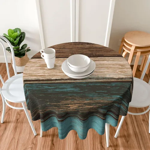 Vista 7 de Mantel rústico de madera para mesa redonda de estilo campestre, mantel de cocina y comedor turquesa, lavable, para decoración, 60x90 pulgadas