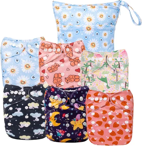 Vista 8 de ALVA BABY - 6 fundas para pañales de tela y 1 bolsa húmeda y seca, lavable y reutilizable para pañales preplegado con bolsa multifuncional 02 Boy