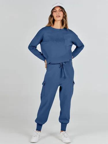 Vista 3 de ANRABESS Conjuntos de dos piezas para mujer, conjuntos de suéter de punto de manga larga, sin botones, pantalones cargo para correr, conjuntos a