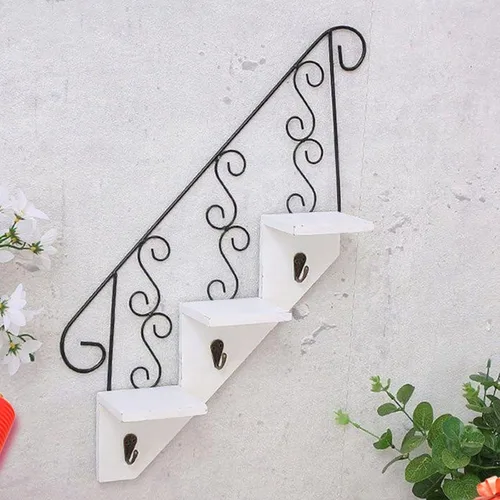 Vista 3 de TITA-DONG Estantes flotantes decorativos montados en la pared de 3 niveles, estantes de pared de madera en forma de escalera, estante colgante