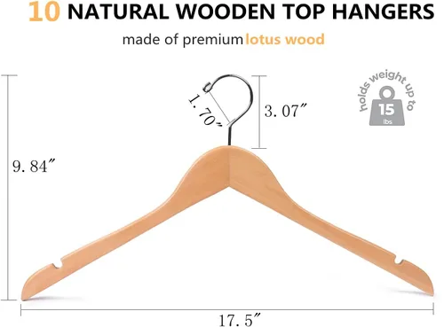 Vista 2 de Amber Home Paquete de 10 perchas de madera natural para camisas, perchas de madera de primera calidad sin barra, perchas para ropa para chaquetas