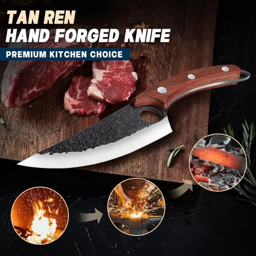 Vista 2 de TAN REN Juego de 3 Cuchillos de Carnicero para Cortar Carne, Cuchillos Cuchillas de Carnicero Forjados a Mano con Mango de Madera, Juego de Juego