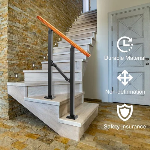 Vista 9 de Kit de pasamanos de escalera al aire libre UOKRR, pasamanos de hierro con grano de madera para interior, se adapta a 1-2 escalones