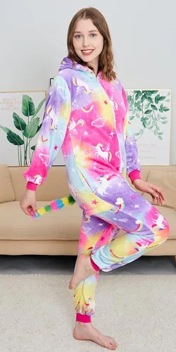 Vista 2 de NewPlush Pijama unisex de unicornio para adultos, mujeres y hombres, mameluco de cosplay de animales