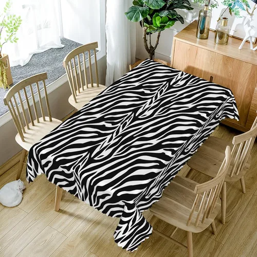 Vista 5 de Mantel rectangular con estampado de animales de 52 x 70 pulgadas, diseño de rayas blancas y negras, mantel moderno a prueba de derrames, sin Cebra
