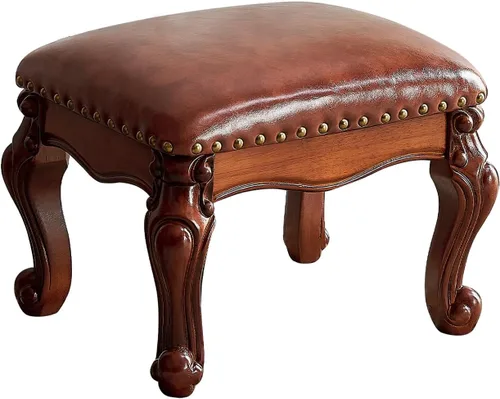 Vista 8 de Otomana con reposapiés, taburete tapizado de cuero de microfibra para sala de estar, sofá, entrada, madera maciza (negro, marrón)