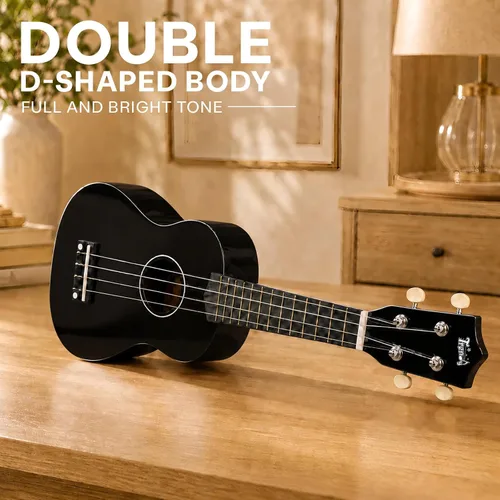 Vista 5 de Trendy Ukelele soprano de 21 pulgadas negro kit para principiantes bolsa de transporte afinador correa de cuerda cuadrada diapasón pegatinas ukelele