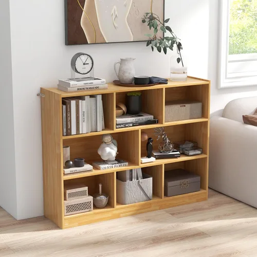 Vista 2 de Giantex Estantería de madera de 8 cubos, estantería independiente abierta de 3 niveles, estante de exhibición multiusos para sala de estar