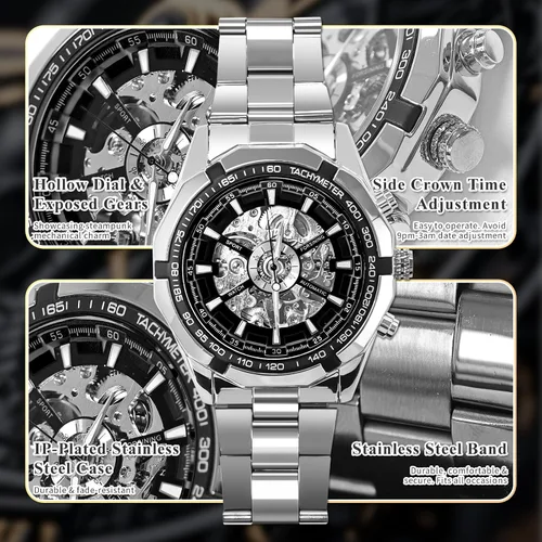 Vista 3 de Gute Relojes para hombre, esqueleto mecánico, de acero inoxidable, impermeable, automático, reloj de pulsera steampunk con esfera X de lujo