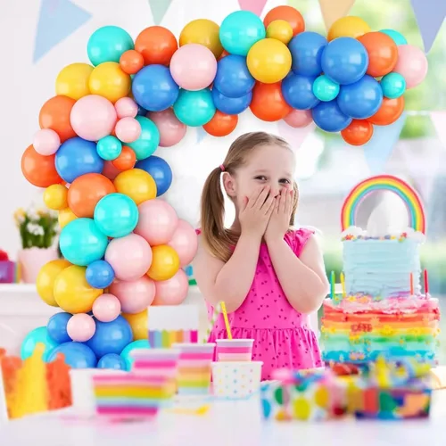 Vista 4 de Kit de arco de globos, 87 piezas de guirnalda de globos arcoíris, arco de globos, globo de látex arco iris en azul, rosa, amarillo, naranja