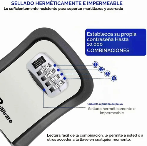 Vista 4 de Caja de Seguridad para Llaves, Caja de Seguridad con Combinación Impermeable de 4 Dígitos para Montaje en Pared, Ocultador de Llaves Reajustable