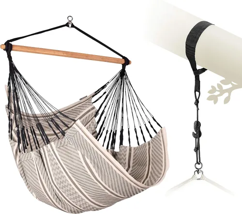 Vista 34 de LA SIESTA® - Silla Hamaca Grande y Cómoda de Algodón Habana & CasaMount - Silla Colgante con Kit de Suspensión para Paredes, Techos y Vigas Café