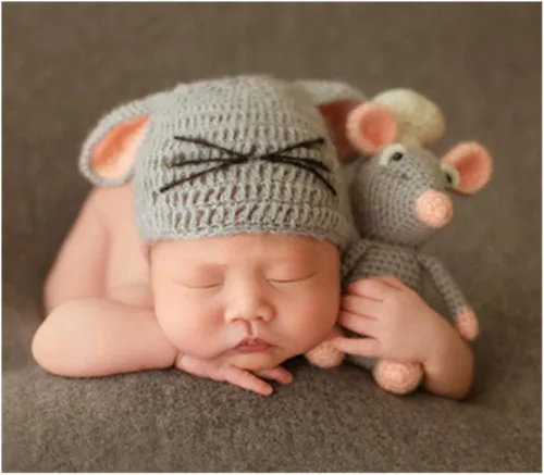 Vista 2 de Accesorios de fotografía para recién nacidos, trajes de punto para niños y niñas, accesorios para fotos de bebé, sombrero de ratón y muñeca