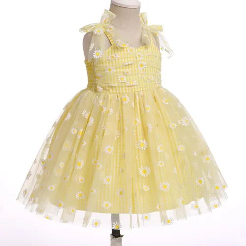 Vista 3 de ODASDO Vestido de fiesta de cumpleaños para niñas pequeñas, con lazo, tirantes delgados, tutú de tul, vestido de princesa, concurso de fiesta