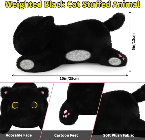 Vista 5 de Peluche de gato negro con peso, lindos animales de peluche con peso para niños, realista y suave, abrazable, regalo para niñas y niños