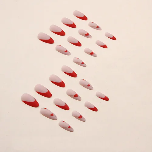 Vista 3 de Uñas postizas a presión de punta francesa de almendra, medianas, uñas postizas acrílicas artificiales con diseño de corazón de amor rojo, cobertura
