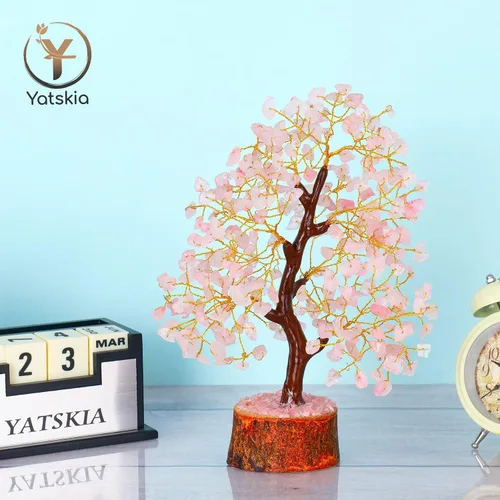 Vista 7 de Árbol de piedras preciosas de cuarzo rosa, cristal para energía positiva, figura de Feng Shui, bonsái de dinero, árbol de la vida, decoración
