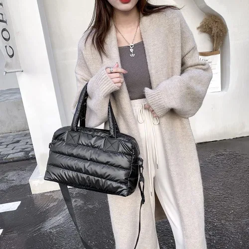 Vista 6 de Bolso de mano acolchado para mujer, acolchado de algodón acolchado, bolsa de hombro acolchada de invierno