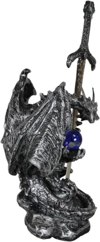 Vista 3 de Ebros Gift Dragón blindado de plata legendario sosteniendo orbe azul y espada draconiana abrecartas escultura escultura decorativa para el hogar