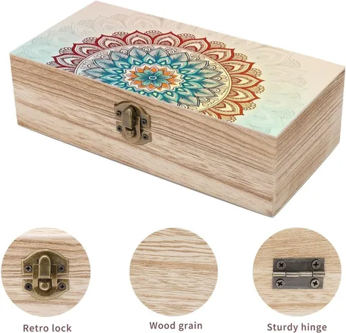 Vista 3 de Mandala Floral Wooden Storage Box with Hinged Lock,Decorative Handmade Keepsake Jewelry Chest, Elegant Retro Decor Boxes, Compact Organizer Box for
