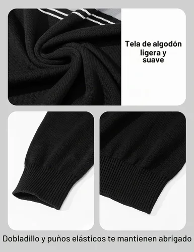 Vista 6 de MAGCOMSEN Suéteres de algodón con cremallera de 1/4 para hombre, suéter tipo polo, a rayas, para otoño e invierno, sudaderas cálidas Negro