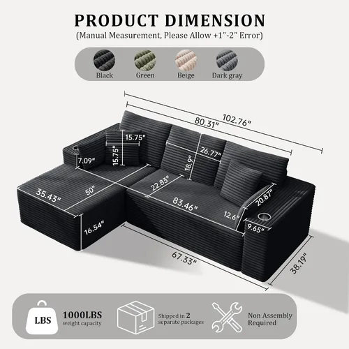 Vista 2 de Sofás deshuesados de 103 pulgadas para sala de estar, sofá en forma de L con diván, sofá modular modular sin montaje para dormitorio, apartamento