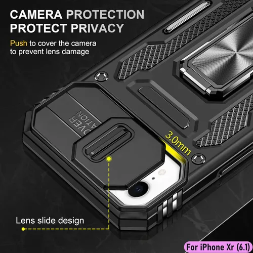 Vista 4 de Funda resistente para Apple iPhone Xr/10R, protección híbrida de goma de doble capa de grado militar con protector de cámara deslizante, soporte