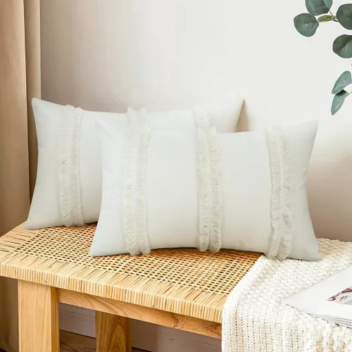 Vista 11 de Merrycolor Juego de 2 fundas de almohada lumbar de lino con retazos bohemios de 12 x 20 pulgadas, fundas de almohada de lino de arpillera de granja