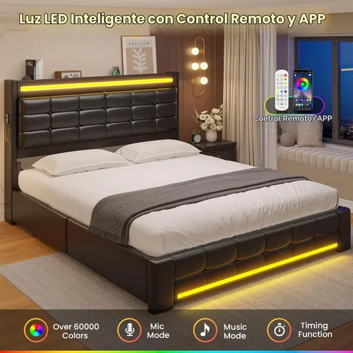 Vista 5 de ADORNEVE Marco de cama de tamaño matrimonial con cabecera de almacenamiento