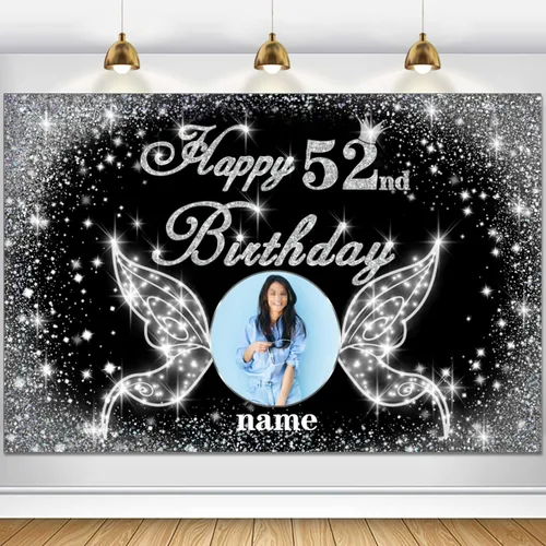 Vista 83 de Cartel personalizado de decoración de fiesta de cumpleaños número 100 - tema de alas de ángel - negro y plateado HY-NLK-100º