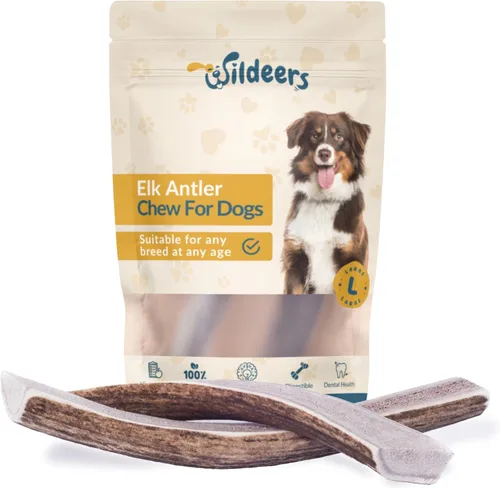 Vista 12 de Wildeers Cuernos divididos para perros medianos, paquete de 2, fabricados en Estados Unidos, cuernos de alce de grado A, huesos masticables