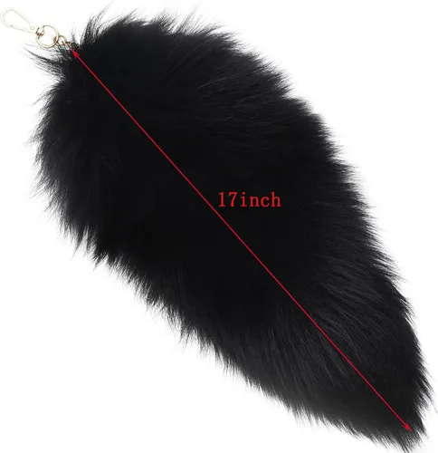 Vista 4 de Forssils Cola de zorro real, esponjosa, cola de zorro peludo, llavero de cola de zorro negro, rojo y blanco, juguete de cosplay para niños