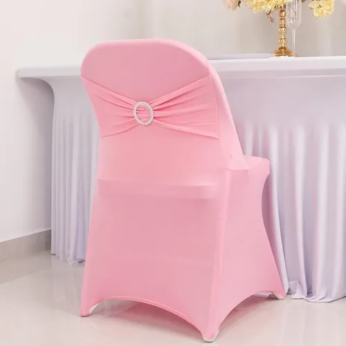 Vista 60 de Efavormart - Funda para silla de banquete de elastano beige con banda de hebilla de diamantes de imitación plateados, funda elástica para silla