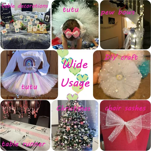 Vista 6 de Rollos de tul con purpurina, 6 pulgadas por 50 yardas (150 pies) de tela de malla de tul para faldas tutú, costura, cumpleaños, boda, decoración