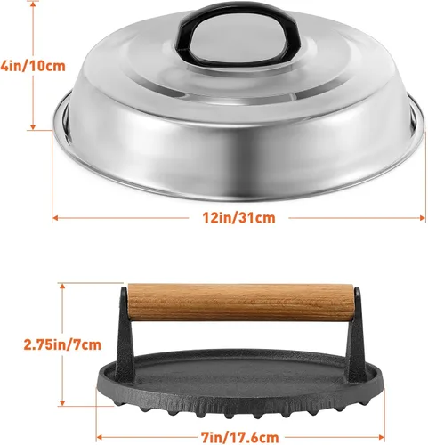 Vista 2 de Accesorios de BBQ - Cubierta de Cocción Redonda de Acero Inoxidable de 12 Pulgadas - Cúpula Derretidora de Queso Kit de Prensa de Parrilla Redonda