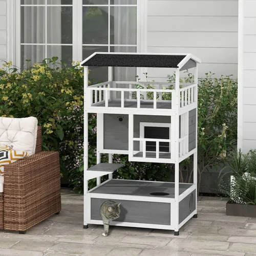 Vista 2 de Robust Multi-Story Cat Condo Featuring Asphalt Roof, Escape Doors, Jumping Platform, Durable Material, Light Gray Exterior