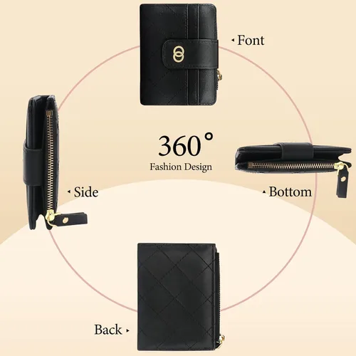 Vista 4 de Unaone Cartera pequeña para mujer, cartera de cuero con ventana de identificación y bolsillo para monedas con cremallera, Negro -, Moda