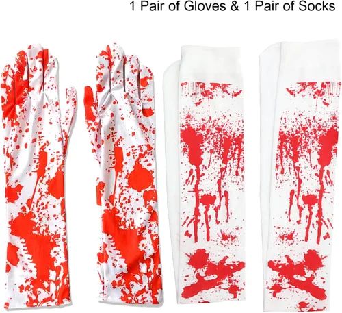 Vista 2 de Famiredo Calcetines altos y guantes para disfraz de Halloween, 1 par de guantes manchados de sangre y 1 par de calcetines manchados de sangre