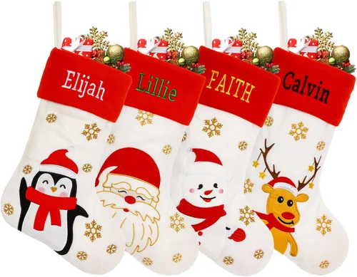 Vista 8 de Medias de Navidad personalizadas, 18 medias de Navidad grandes y coloridas para niños, medias grandes de piel sintética personalizadas, medias