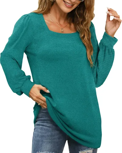Vista 2 de WIHOLL Camisetas tipo túnica para mujer, ajuste holgado, manga larga, cuello cuadrado