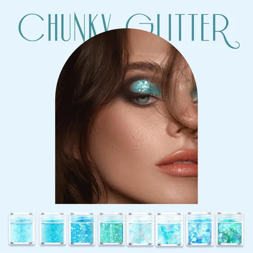 Vista 4 de GABOX Juego de 8 tarros de purpurina azul hielo, polvo fino holográfico y copos de lentejuelas de 0.039 in, 0.079 in y 0.118 in para cosméticos