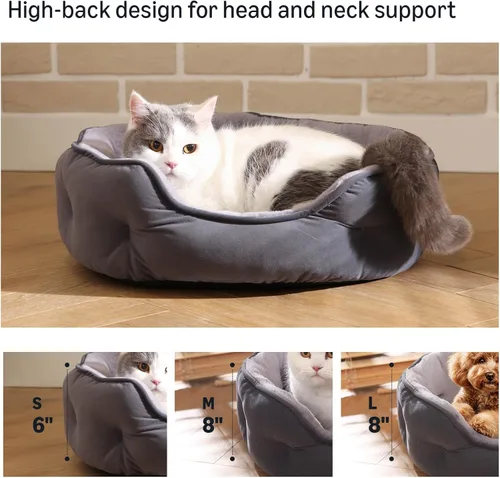Vista 4 de Amazon Basics Cama redonda para perros pequeños, camas para gatos de interior, cama lavable para cachorros con cojín de felpa suave, parte inferior