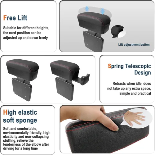 Vista 2 de Reposabrazos para automóvil, altura ajustable con orificio telescópico ajustable, extensor de reposabrazos suave y cómodo, material ABS, codo, cojín