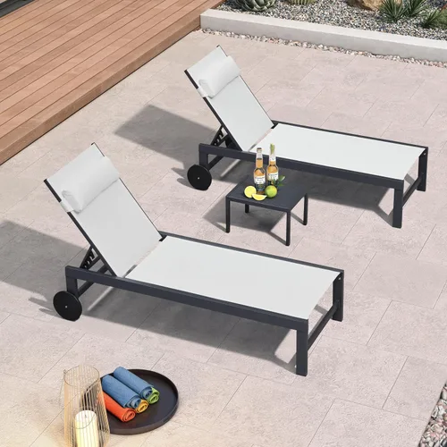 Vista 11 de PURPLE LEAF Juego de sillas de lounge al aire libre de gran tamaño de 3 piezas para patio, tumbona para piscina, estructura de aluminio con mesa