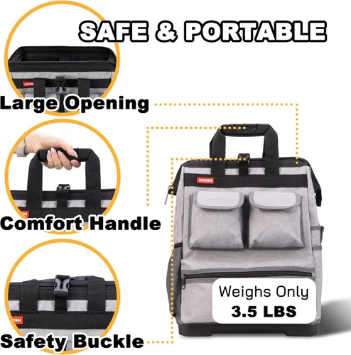 Vista 5 de Mochila de herramientas con compartimento para laptop Bolsas de herramientas resistentes con base moldeada impermeable, soporte trasero acolchado