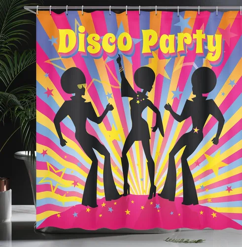 Vista 3 de Ambesonne Cortina de ducha de fiesta de los años 70, siluetas de gente bailarina, pelo afrodisco, impresión de exhibición, tela de tela con ganchos