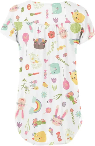 Vista 2 de Camiseta elástica de manga corta con cuello en V para mujer, con botones, elegante, con estampado de Pascua